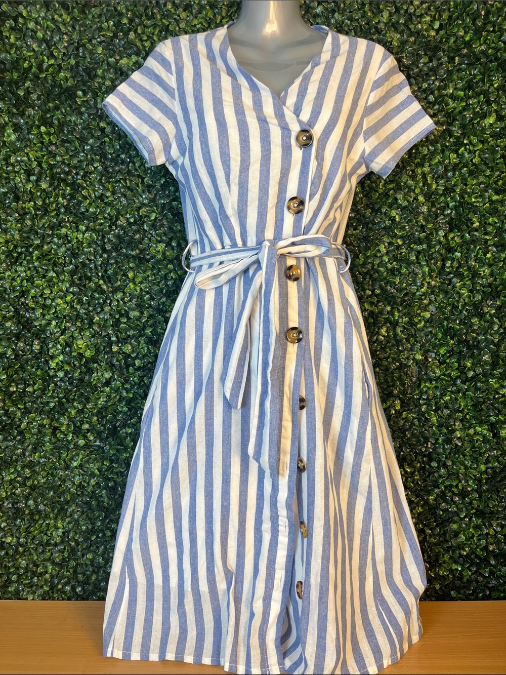 Striped Blue and White Button-Front Kids Dress with Belt